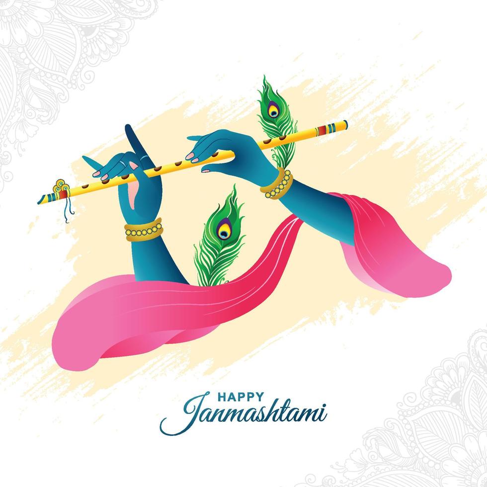 felice janmashtami con la mano di lord krishna che gioca sullo sfondo della carta di bansuri vettore