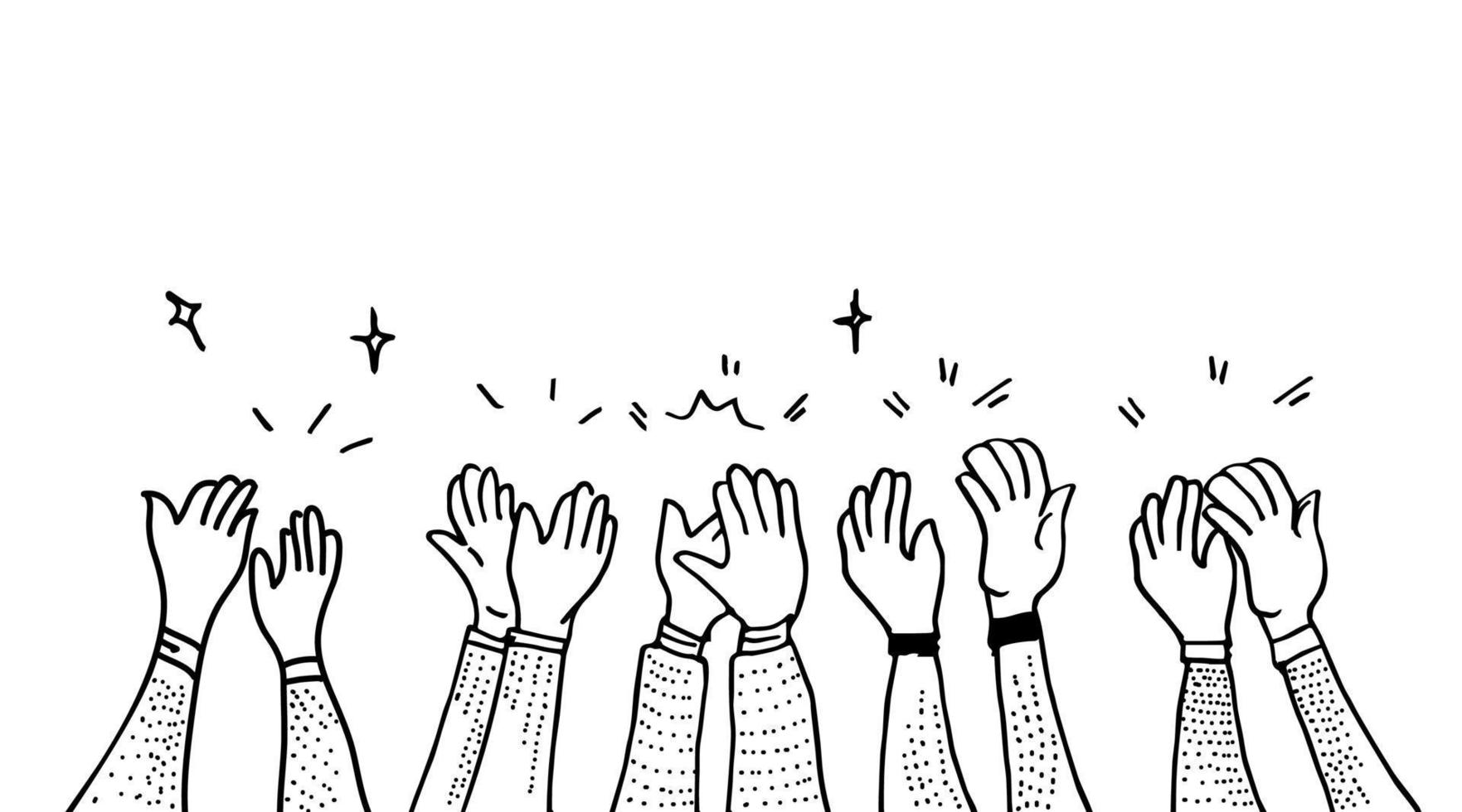 disegnato a mano di mani che applaudono l'ovazione. applausi, pollice in alto gesto su stile doodle, illustrazione vettoriale