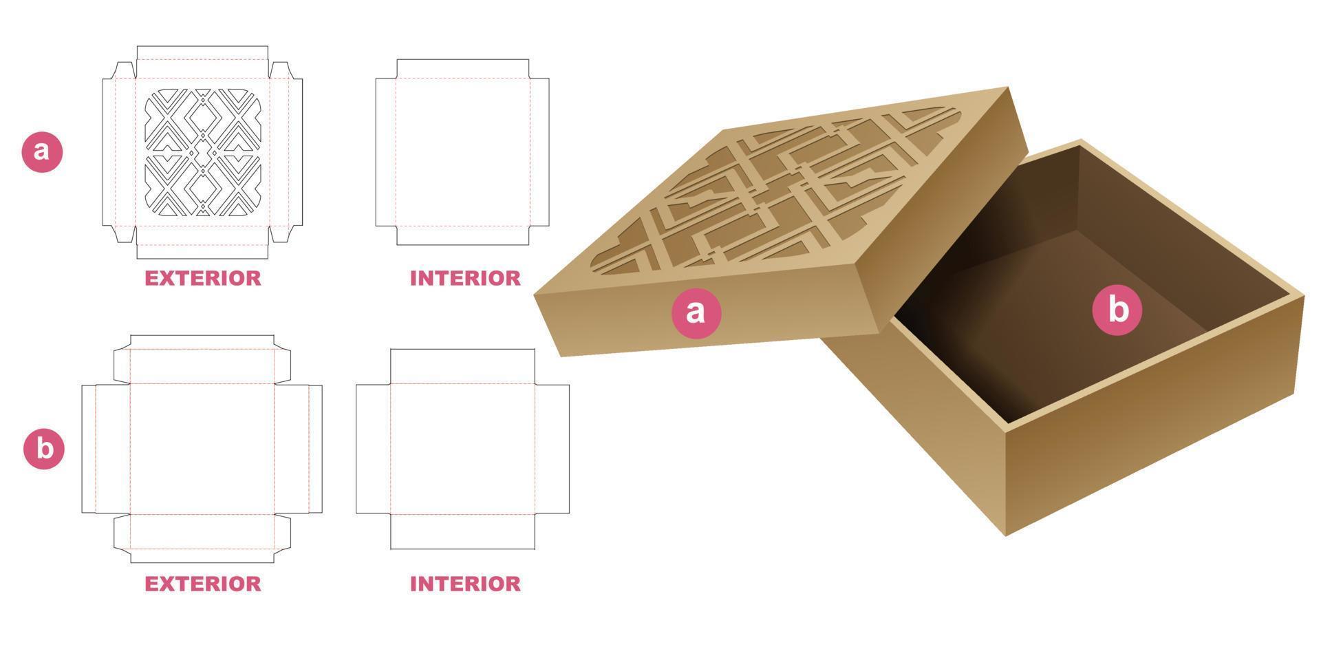 scatola di latta rigida con modello fustellato con motivo geometrico stampato e mockup 3d vettore