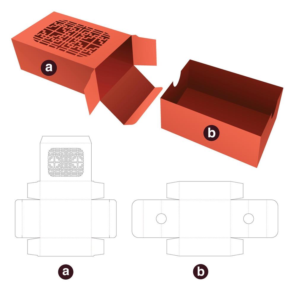 scatola di imballaggio stampata con vassoio di inserimento modello fustellato e mockup 3d vettore