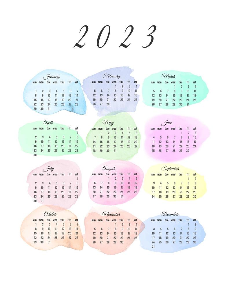 Illustrazione vettoriale dell'anno solare 2023. la settimana inizia di domenica. modello di calendario annuale per l'anno 2023. disegno del calendario in bianco e nero, domenica in rosso. sfondo multicolore ad acquerello.