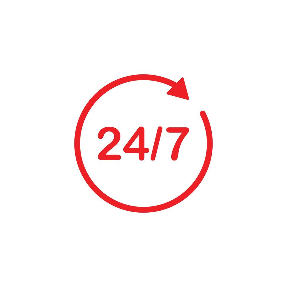 eps10 vettore rosso icona della linea di servizio 24 ore isolata su sfondo bianco. Simbolo di supporto 24 ore su 24 in uno stile moderno e alla moda semplice e piatto per il design del tuo sito Web, il logo e l'applicazione mobile