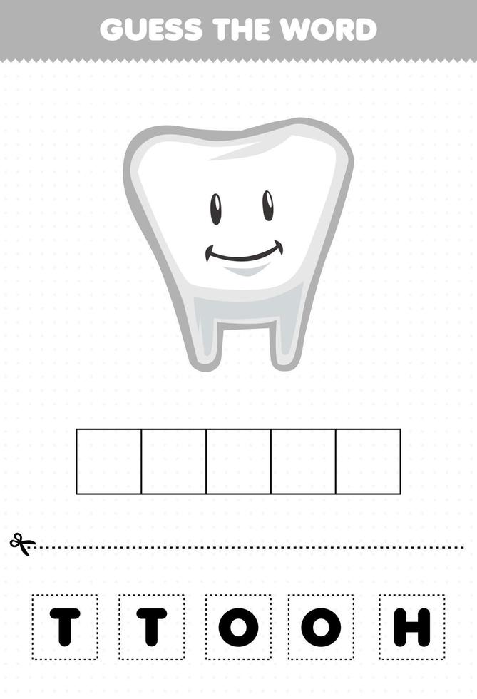 gioco educativo per i bambini indovina le lettere di parola praticando il dente dell'organo interno del simpatico cartone animato vettore