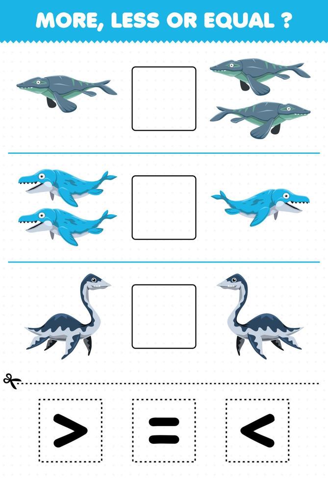 gioco educativo per bambini più o meno uguale conta la quantità di cartone animato dinosauro acquatico preistorico tylosaurus mosasaurus plesiosaur quindi taglia e incolla taglia il segno corretto vettore