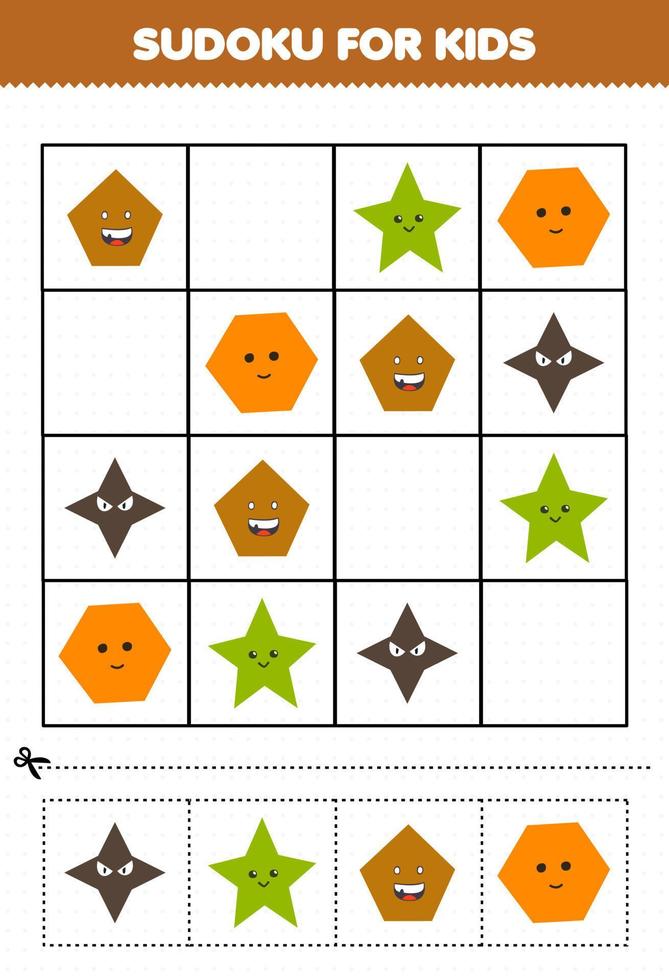 gioco educativo per bambini sudoku per bambini con simpatico cartone animato forma geometrica stella pentagono esagono immagine vettore