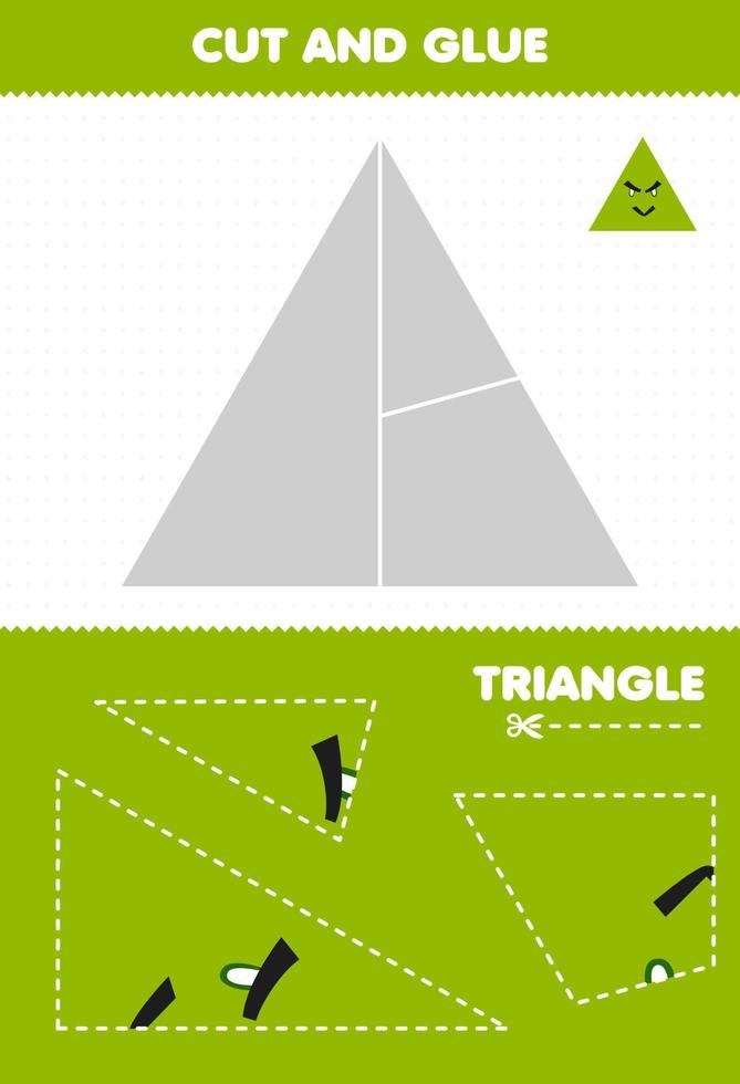 gioco educativo per bambini taglia e incolla puzzle taglia parti di un triangolo a forma geometrica simpatico cartone animato e incollale foglio di lavoro stampabile vettore