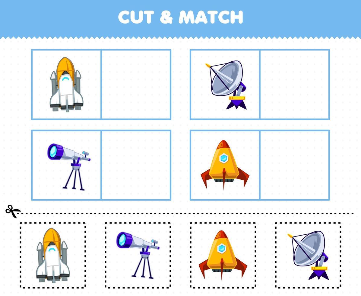 gioco educativo per bambini taglia e abbina la stessa immagine del simpatico cartone animato del sistema solare astronave radar telescopio razzo vettore