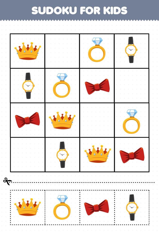 gioco educativo per bambini sudoku per bambini con vestiti indossabili cartoni animati corona anello orologio immagine vettore