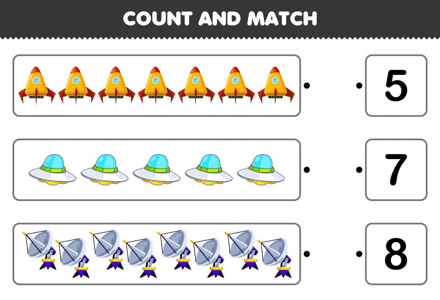 gioco educativo per bambini conta e abbina conta il numero di simpatico cartone animato sistema solare razzo radar ufo e abbina con i numeri giusti foglio di lavoro stampabile vettore