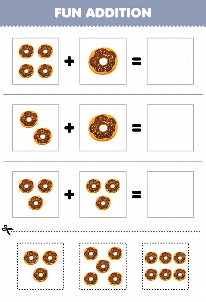 gioco educativo per bambini divertente aggiunta tagliando e abbinando il foglio di lavoro delle immagini della ciambella del cibo dei cartoni animati vettore