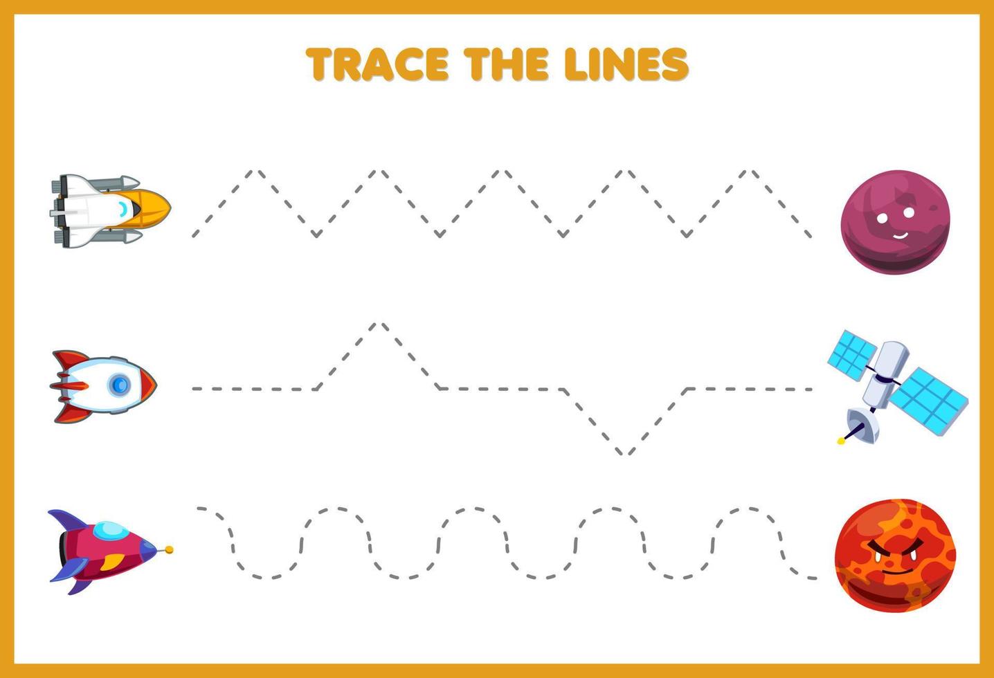 gioco educativo per bambini pratica della scrittura traccia le linee muovi simpatico cartone animato sistema solare astronave razzo pianeta satellite vettore