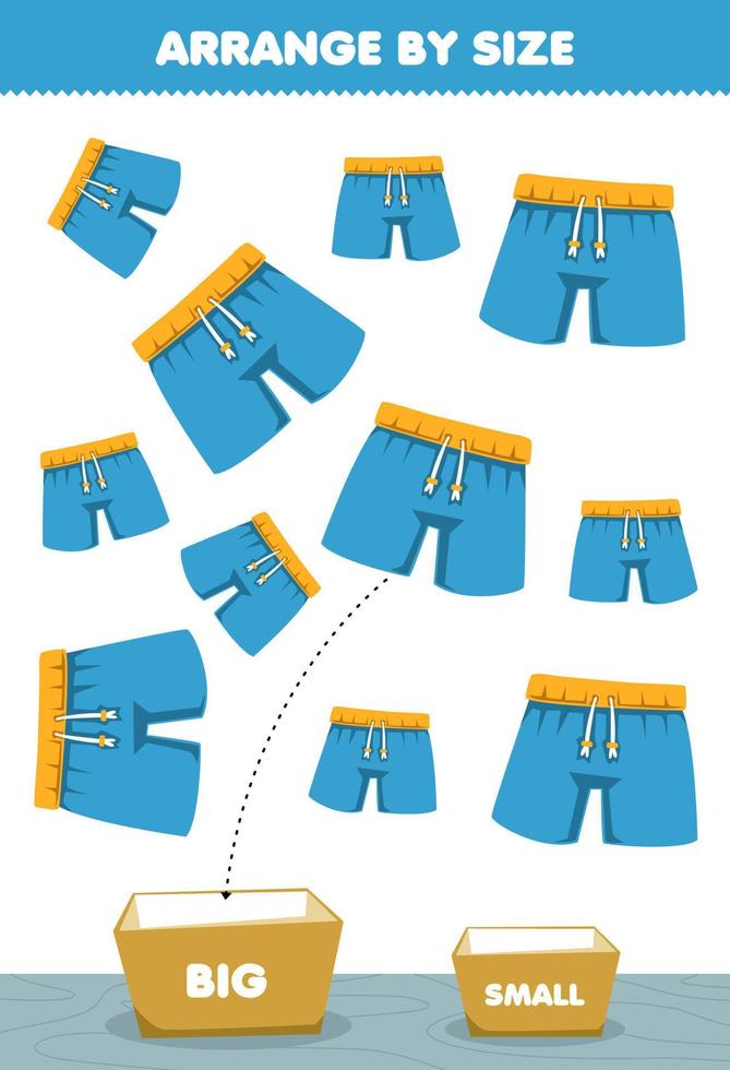 gioco educativo per bambini organizza per taglia grande o piccola mettilo nella scatola vestiti indossabili cartoni animati immagini di pantaloni blu vettore