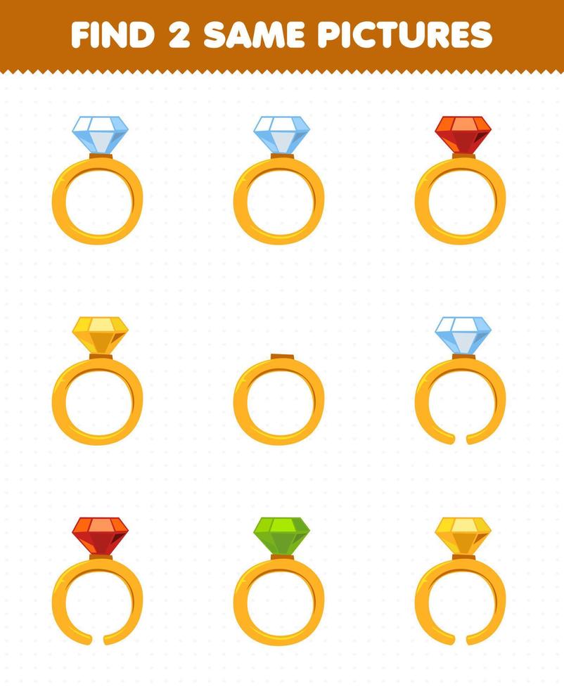 gioco educativo per bambini trova due stesse immagini anello di diamanti per vestiti indossabili dei cartoni animati vettore