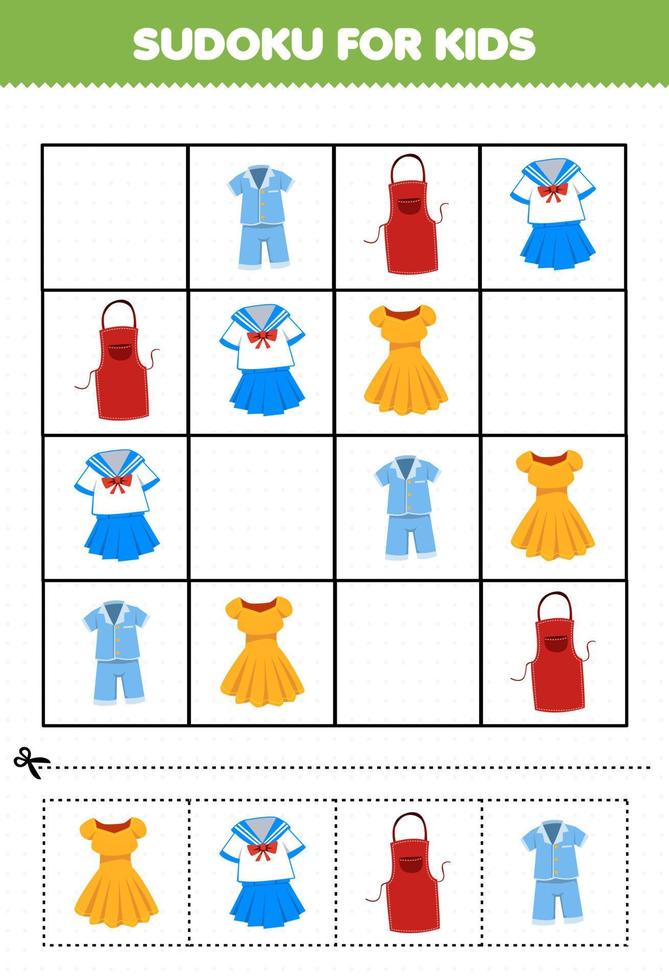 gioco educativo per bambini sudoku per bambini con vestiti indossabili da cartone animato pigiama grembiule uniforme immagine del vestito vettore