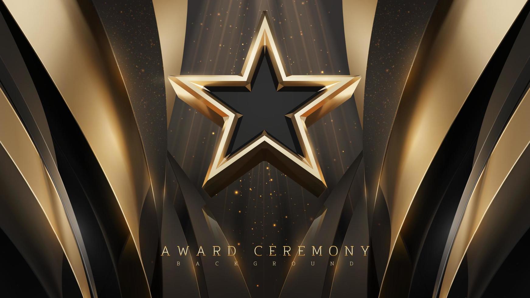 sfondo della cerimonia di premiazione con stella d'oro 3d e elemento a nastro e decorazione effetto luce glitterata. vettore