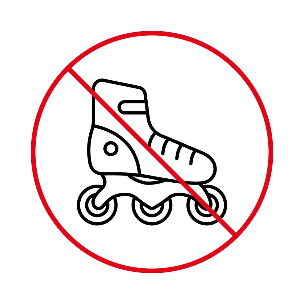 simbolo del cerchio di arresto rosso delle calzature sportive. vietare l'icona della linea nera del pattino a rotelle. nessun segno di pattinaggio consentito. zona di rollio vietata. pittogramma del contorno del pattino a rotelle proibito. illustrazione vettoriale isolata.