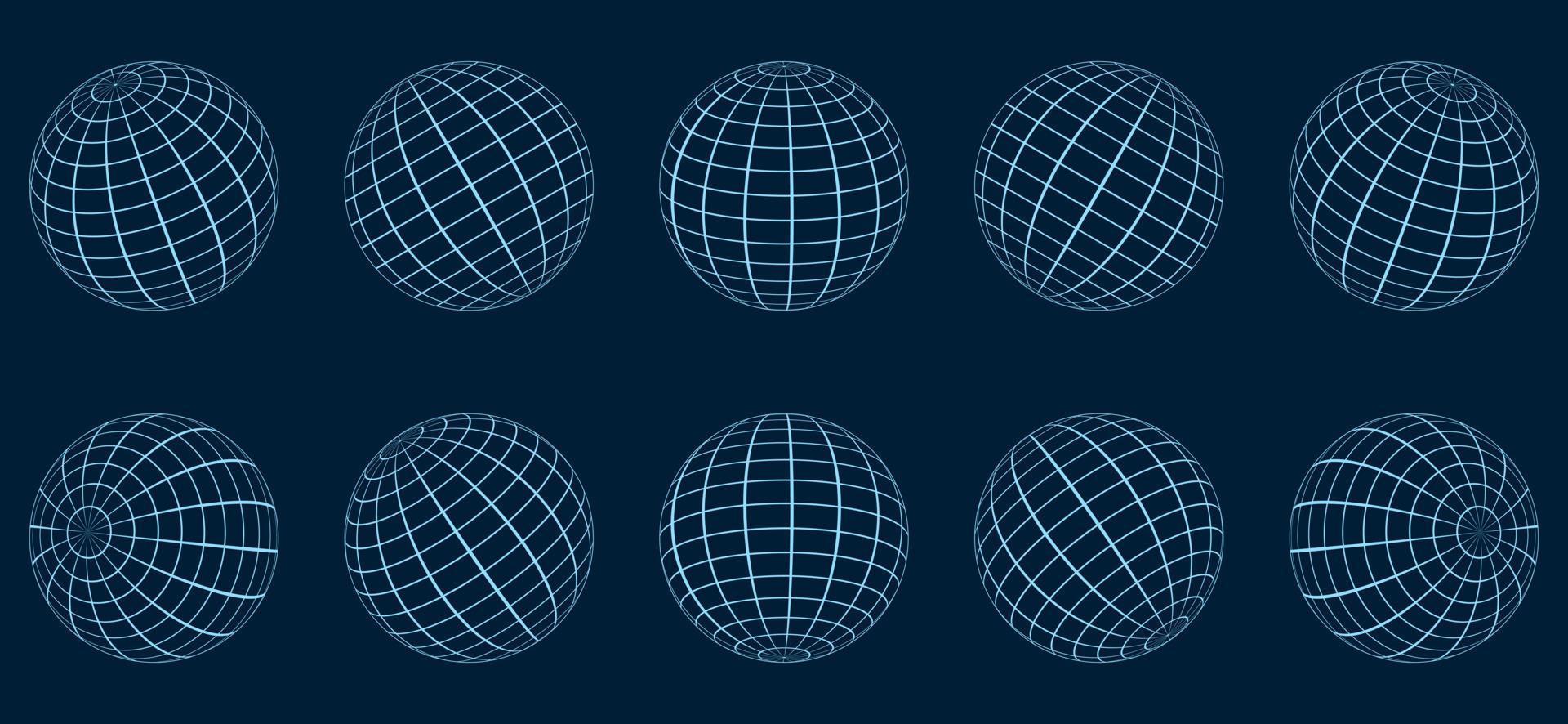 insieme della sfera della griglia del globo. 3d wire latitudine terrestre globale, longitudine. globo geometrico a griglia. palla di maglia a griglia rotonda. globo terrestre 3d con linea cablata. superficie del globo wireframe. illustrazione vettoriale isolata.