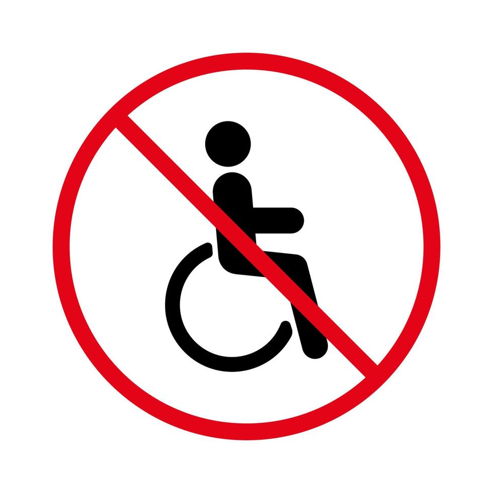 nessun segno di sedia a rotelle consentito. vietare l'icona della siluetta nera della zona di parcheggio per disabili. pittogramma vietato ai portatori di handicap. persona disabile vietata sulla sedia a rotelle simbolo di arresto rosso. illustrazione vettoriale isolata.
