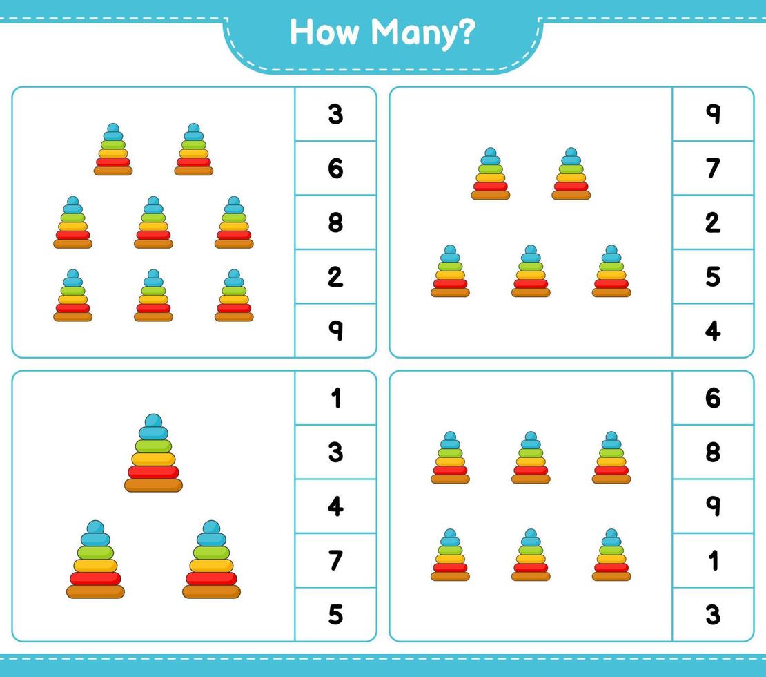 gioco di conteggio, quante piramidi giocattolo. gioco educativo per bambini, foglio di lavoro stampabile, illustrazione vettoriale