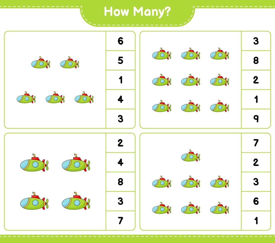 conteggio del gioco, quanti sottomarini. gioco educativo per bambini, foglio di lavoro stampabile, illustrazione vettoriale