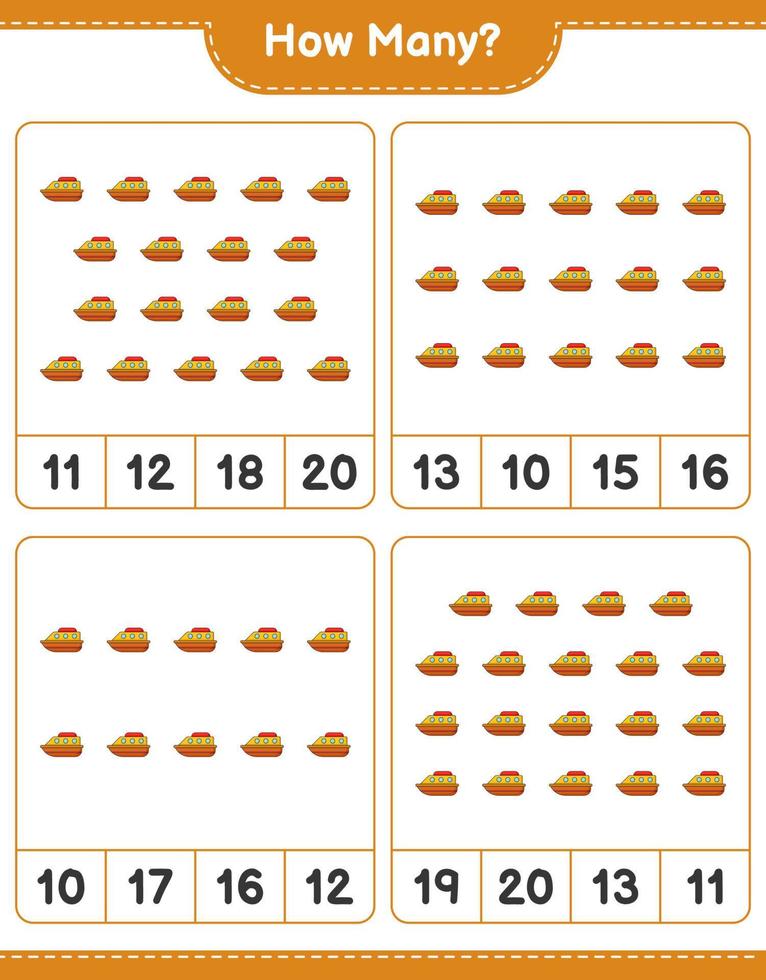 conteggio del gioco, quante barche. gioco educativo per bambini, foglio di lavoro stampabile, illustrazione vettoriale