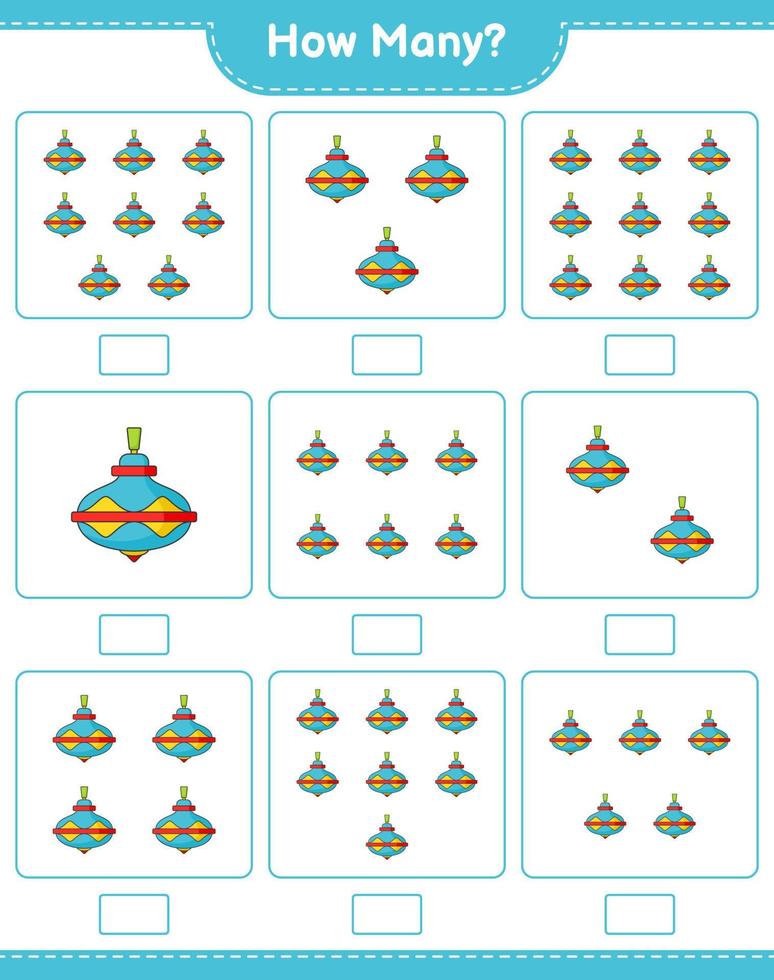 gioco di conteggio, quanti giocattoli vorticosi. gioco educativo per bambini, foglio di lavoro stampabile, illustrazione vettoriale