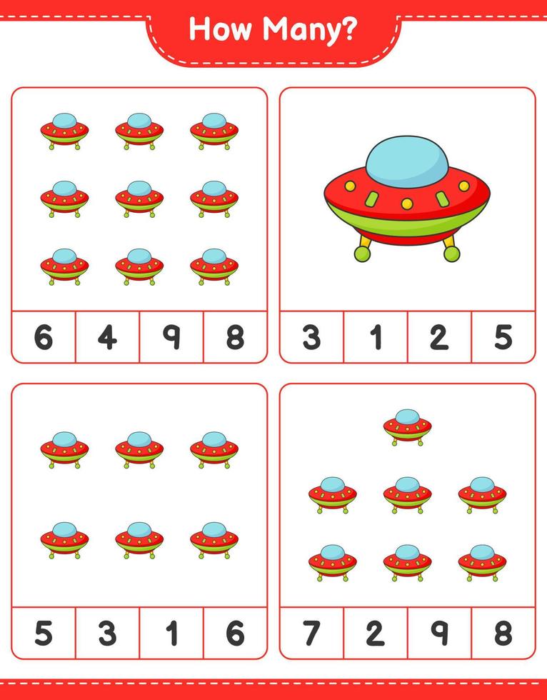 conteggio del gioco, quanti ufo. gioco educativo per bambini, foglio di lavoro stampabile, illustrazione vettoriale