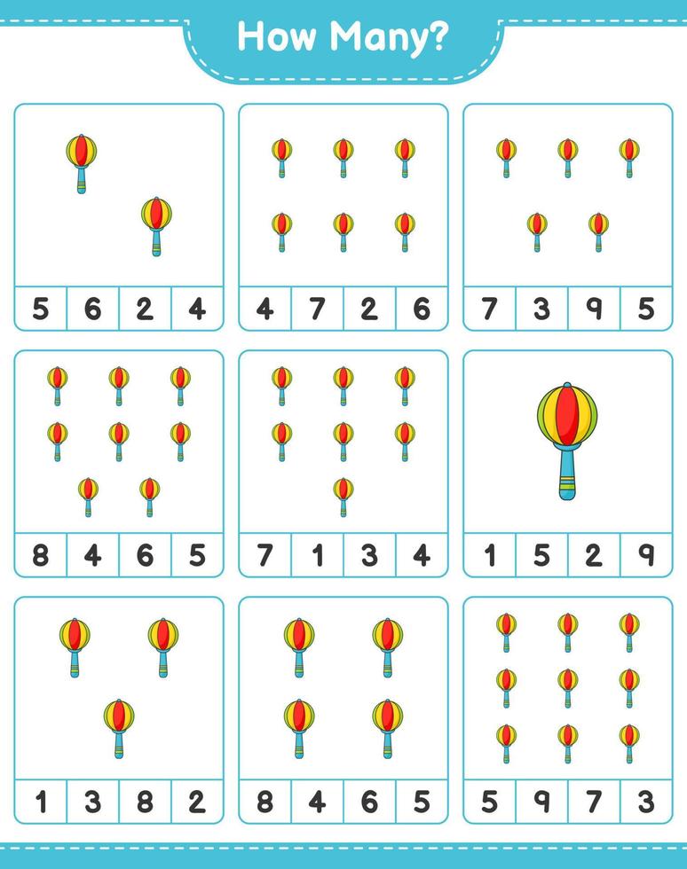 gioco di conteggio, quanti sonaglio del bambino. gioco educativo per bambini, foglio di lavoro stampabile, illustrazione vettoriale