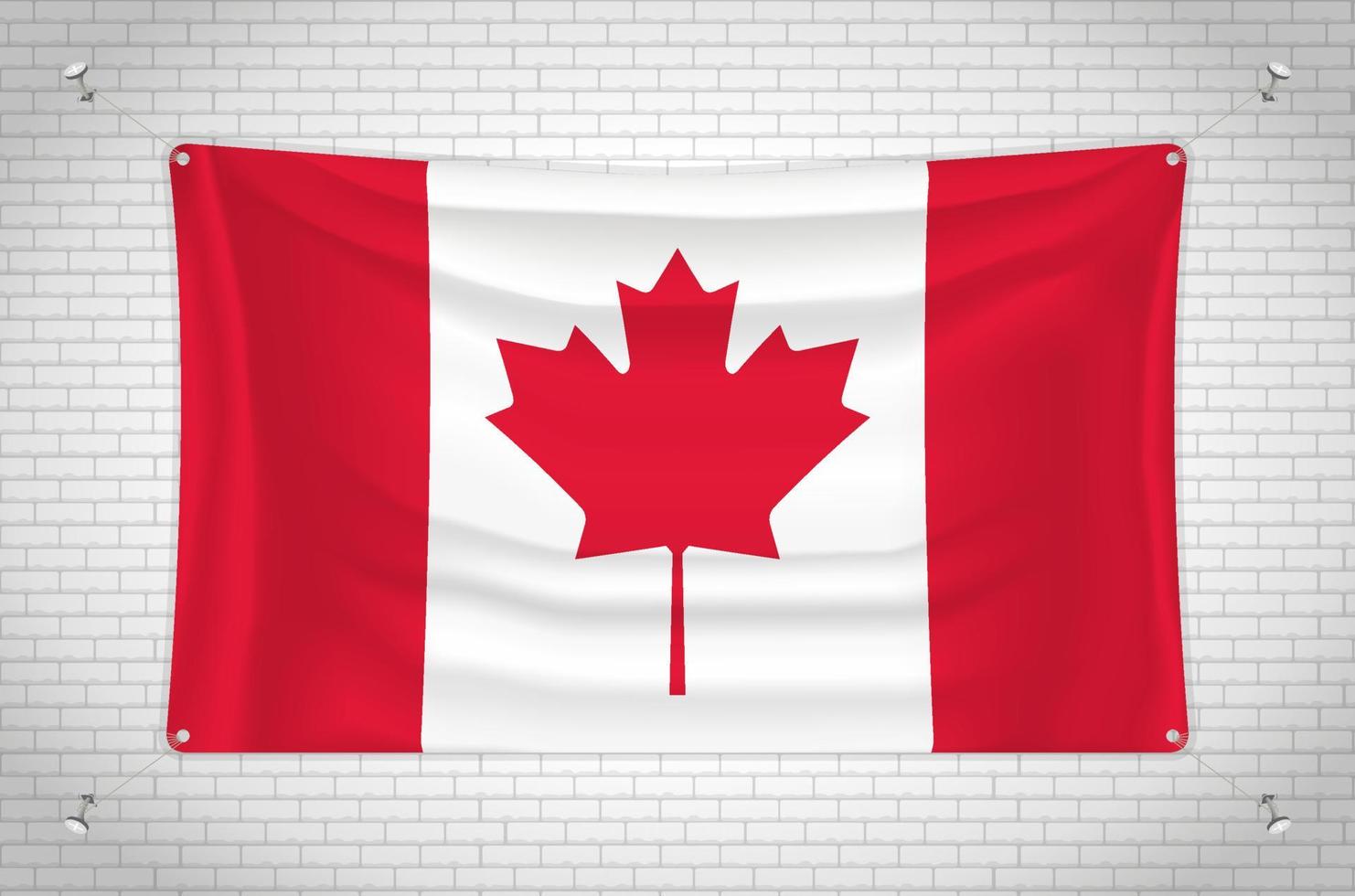 bandiera del Canada appesa al muro di mattoni. disegno 3d. bandiera attaccata al muro. disegnando ordinatamente in gruppi su livelli separati per una facile modifica. vettore
