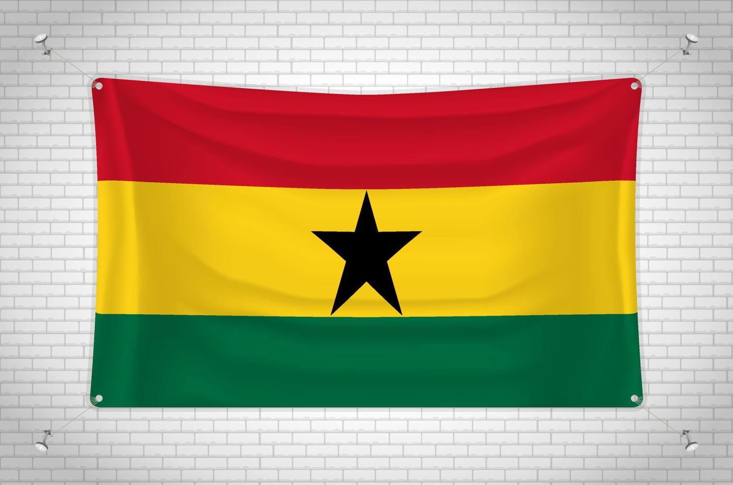 bandiera del ghana appesa al muro di mattoni. disegno 3d. bandiera attaccata al muro. disegnando ordinatamente in gruppi su livelli separati per una facile modifica. vettore