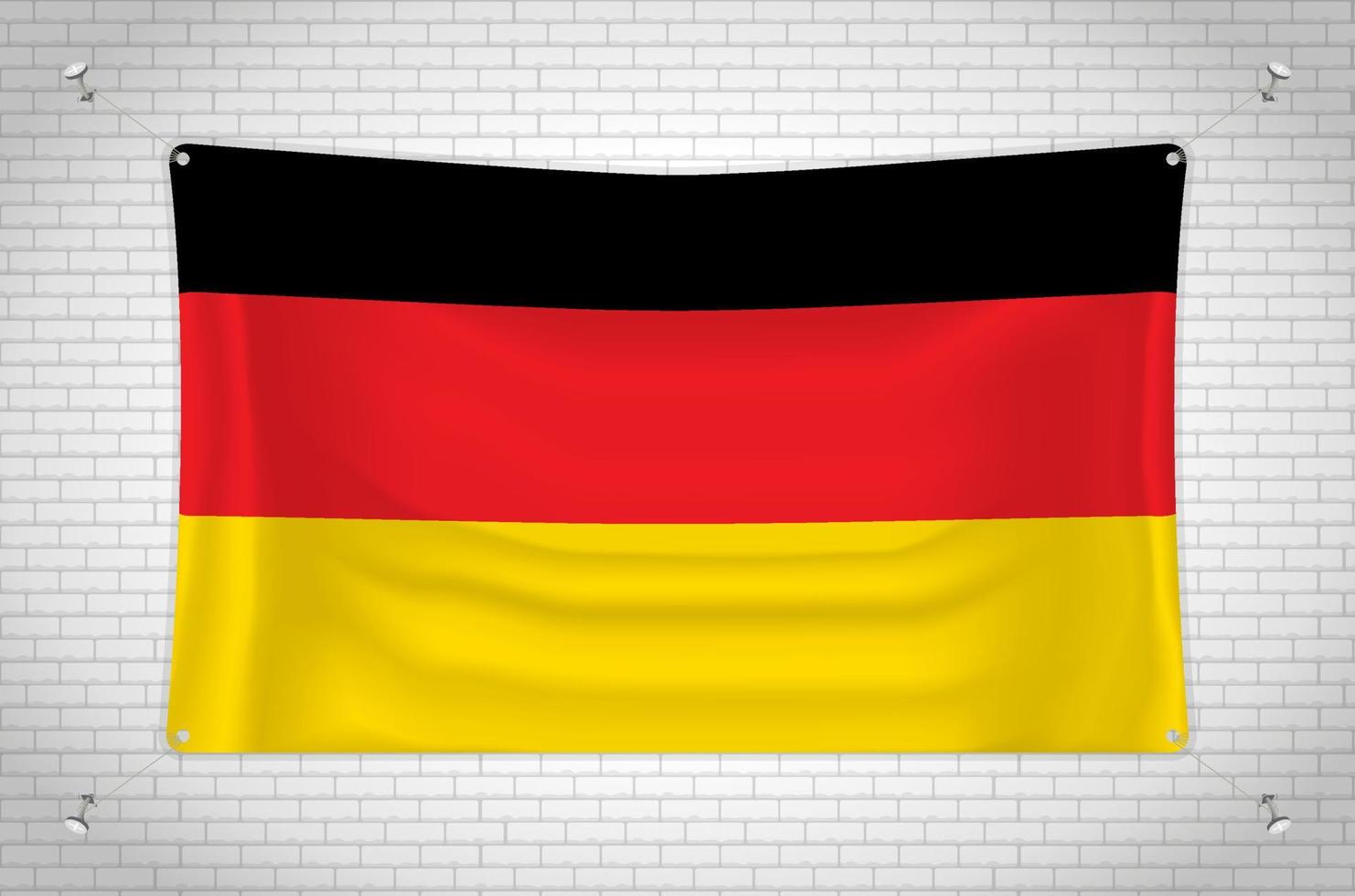 bandiera della germania appesa al muro di mattoni. disegno 3d. bandiera attaccata al muro. disegnando ordinatamente in gruppi su livelli separati per una facile modifica. vettore