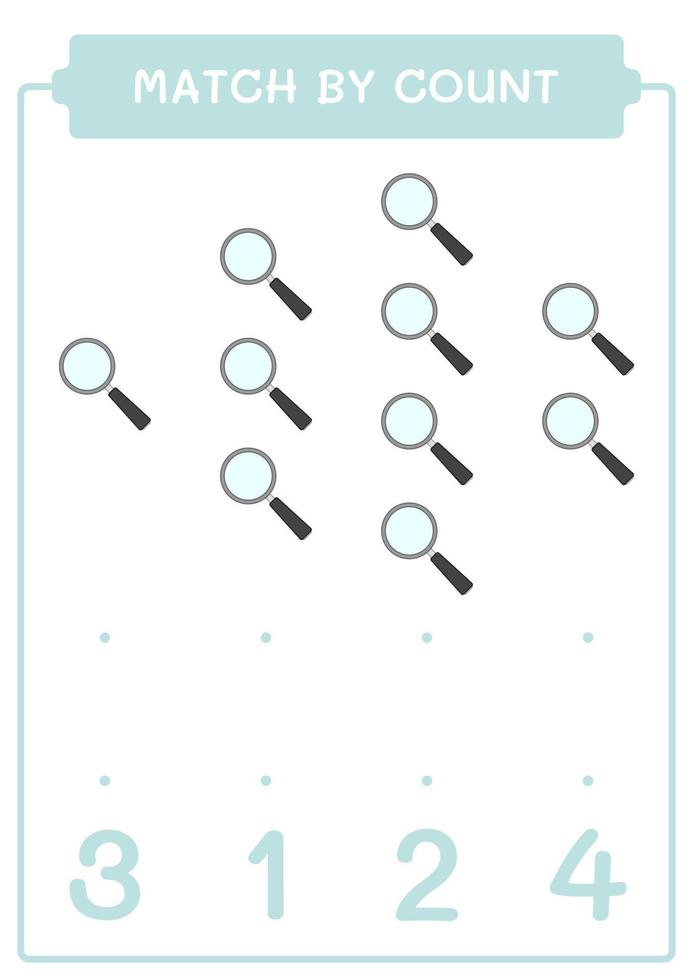 partita per conteggio della lente d'ingrandimento, gioco per bambini. illustrazione vettoriale, foglio di lavoro stampabile vettore