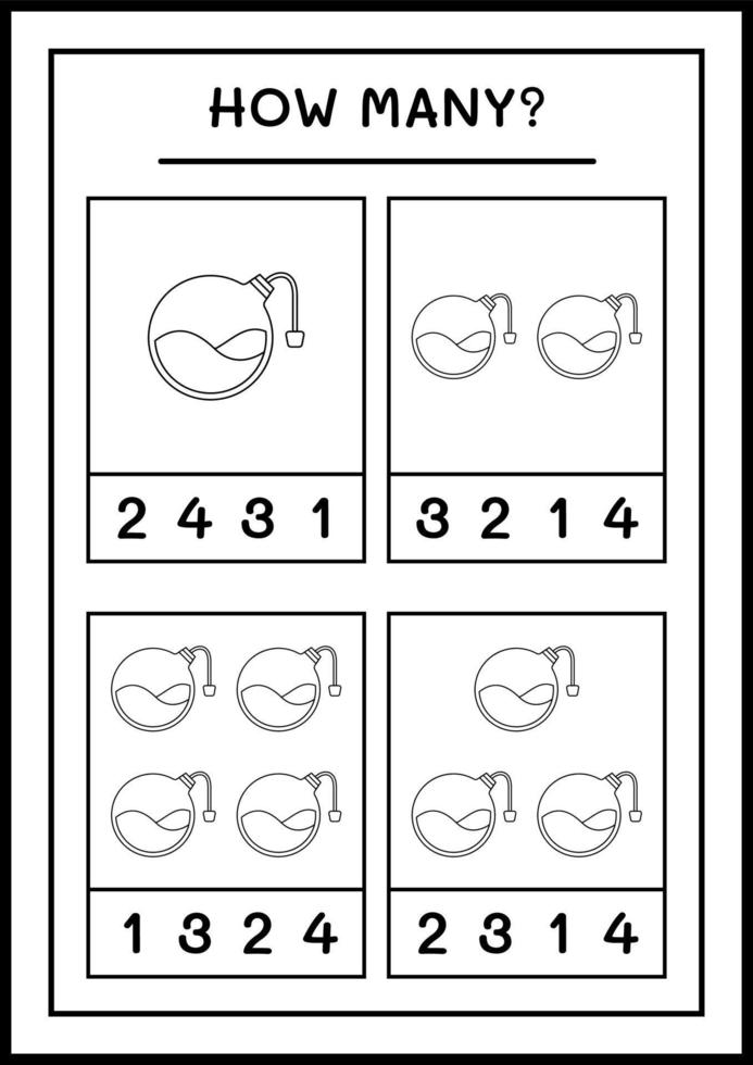 quante bottiglie di pozioni, gioco per bambini. illustrazione vettoriale, foglio di lavoro stampabile vettore