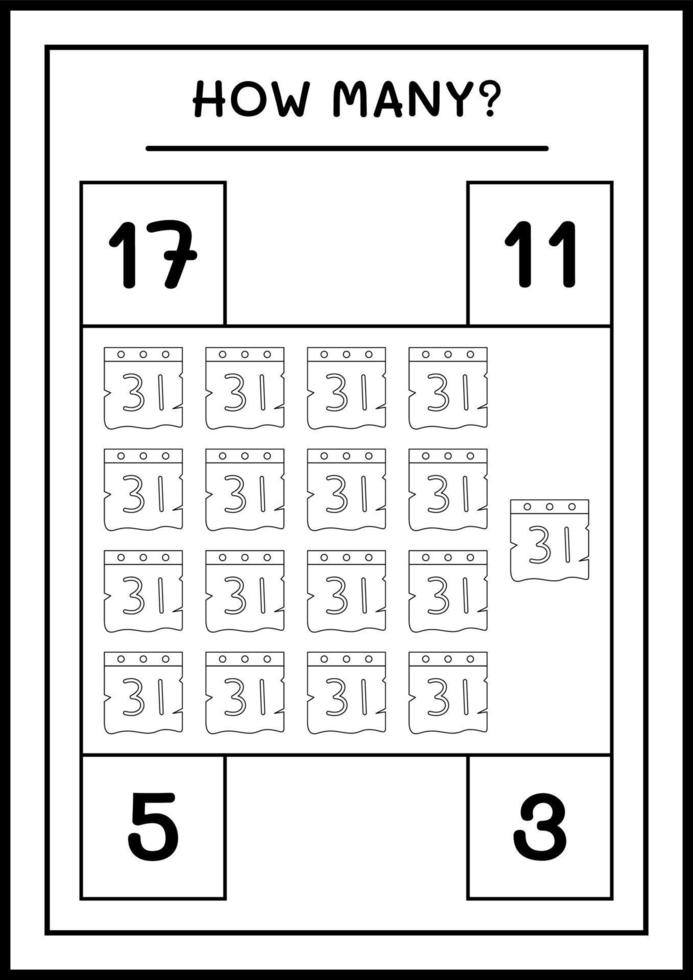 quanti calendari, gioco per bambini. illustrazione vettoriale, foglio di lavoro stampabile vettore