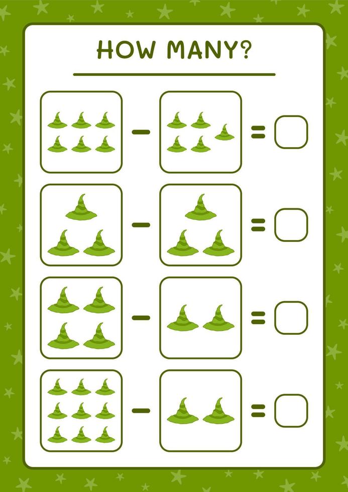 quanti cappello da strega, gioco per bambini. illustrazione vettoriale, foglio di lavoro stampabile vettore