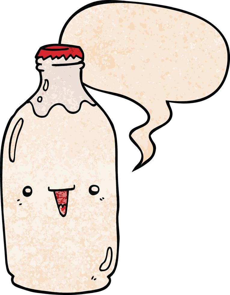 simpatico cartone animato bottiglia di latte e fumetto in stile retrò texture vettore