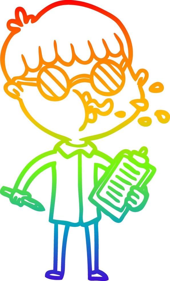 arcobaleno gradiente linea disegno cartone animato ragazzo che indossa occhiali con clip board vettore