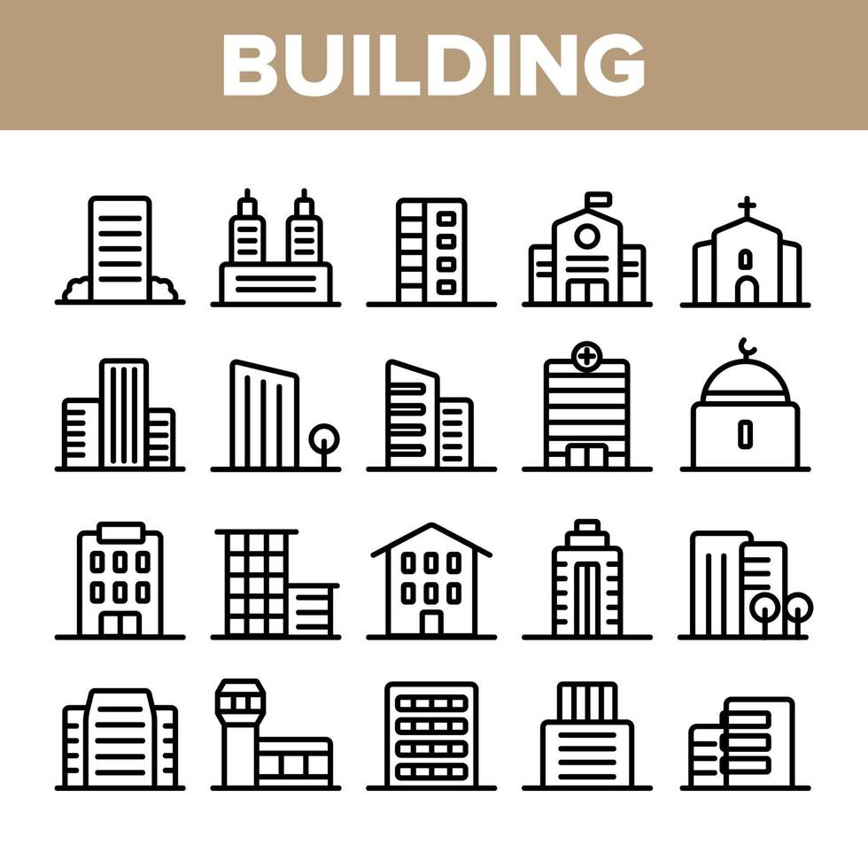 città, edifici cittadine icone lineari insieme vettoriale