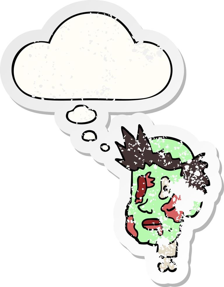 testa di zombi dei cartoni animati e bolla di pensiero come adesivo consumato in difficoltà vettore