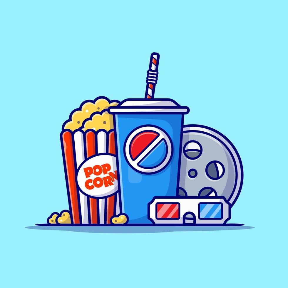 illustrazione dell'icona vettoriale del fumetto di popcorn, soda e film in rotolo. vacanza ricreazione icona concetto isolato premium vettore. stile cartone animato piatto