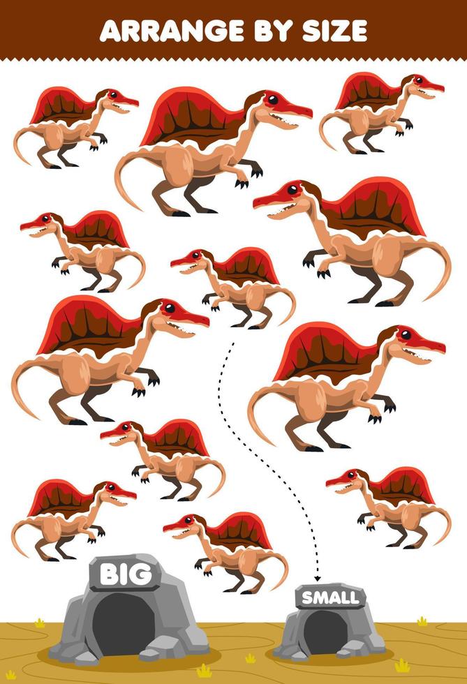gioco educativo per bambini organizza per dimensione grande o piccolo spostalo nella grotta immagini di spinosauro dinosauro preistorico simpatico cartone animato vettore