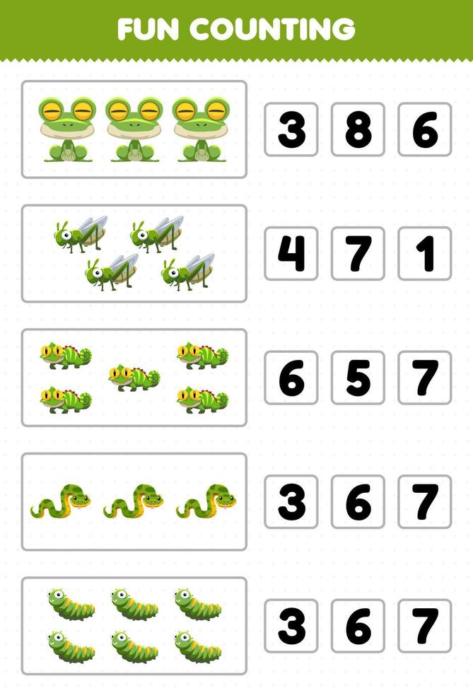 gioco educativo per bambini divertente contare e scegliere il numero corretto di simpatico cartone animato animale verde rana cavalletta iguana serpente bruco foglio di lavoro stampabile vettore