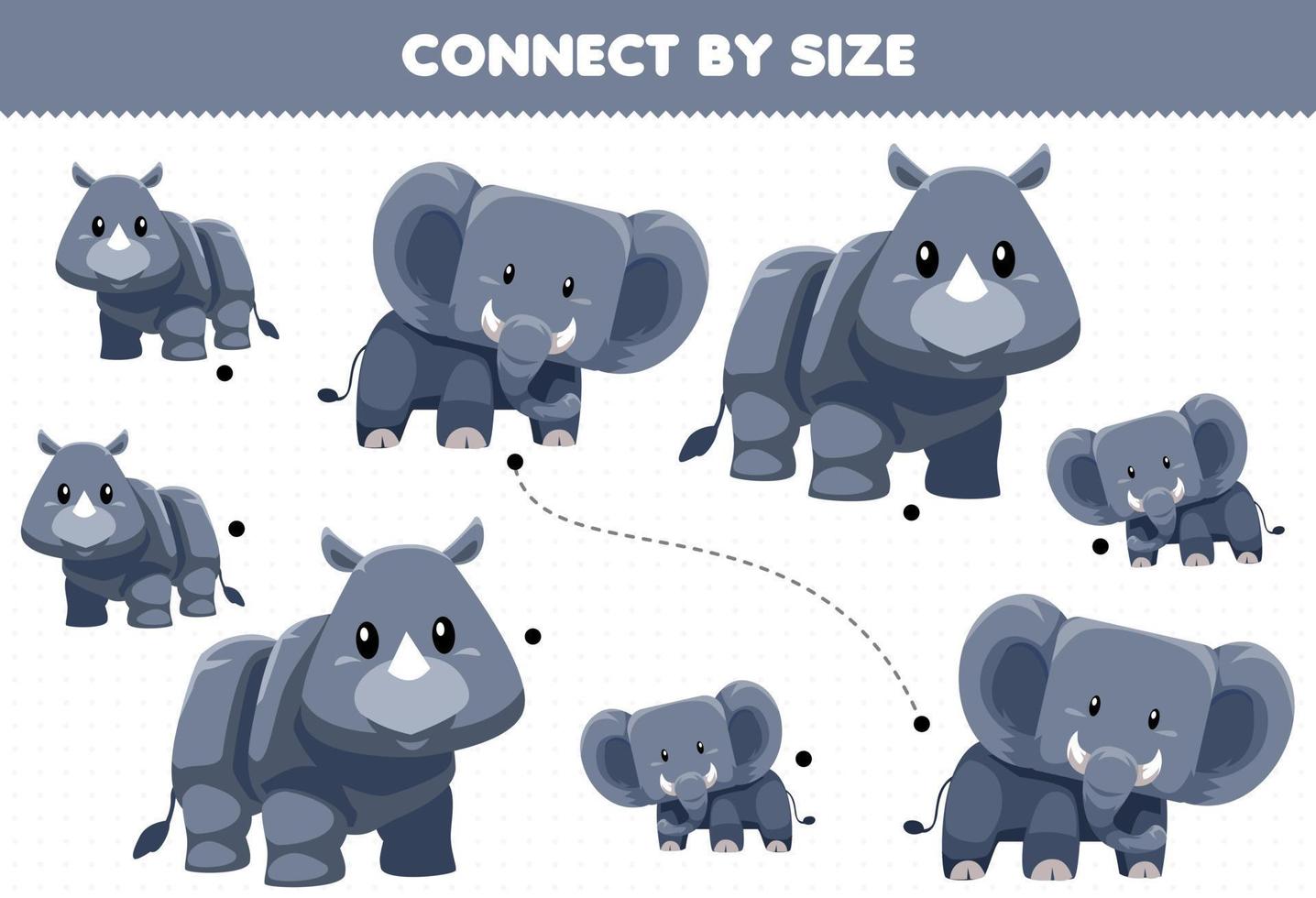 gioco educativo per bambini connettiti dalle dimensioni del simpatico cartone animato animale elefante e foglio di lavoro stampabile rinoceronte vettore