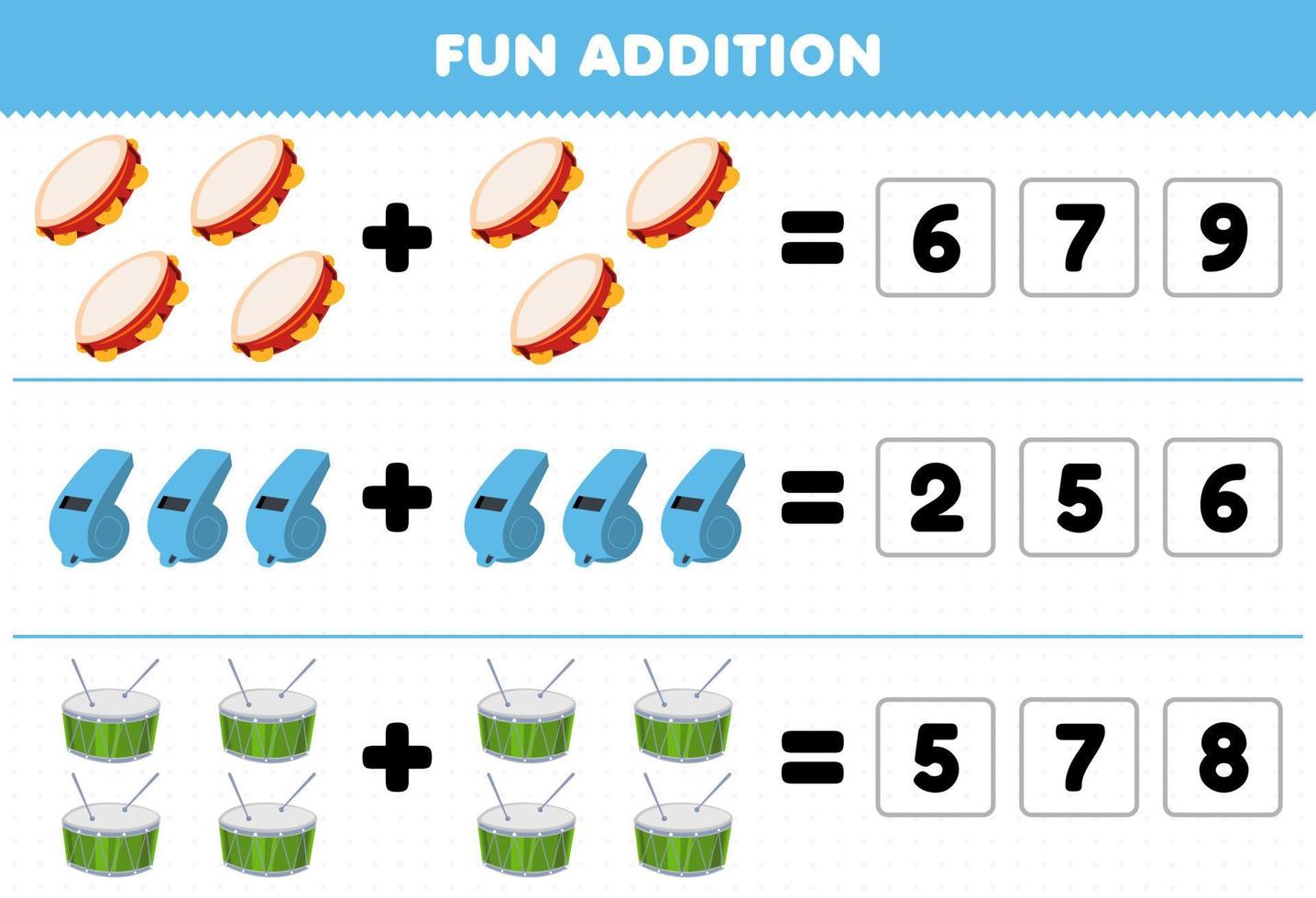 gioco educativo per bambini divertente aggiunta indovinando il numero corretto di cartoni animati strumento musicale tamburello fischietto tamburo foglio di lavoro stampabile vettore