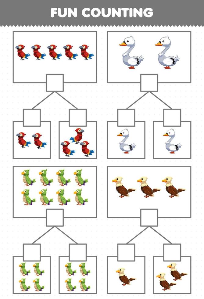 gioco educativo per bambini divertente conteggio immagine in ogni scatola di simpatico cartone animato uccello animale pappagallo cigno parrocchetto aquila foglio di lavoro stampabile vettore