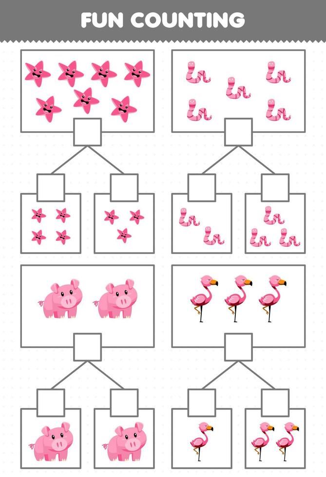 gioco educativo per bambini divertente conteggio immagine in ogni scatola di simpatico cartone animato rosa animale stelle marine verme maiale fenicottero foglio di lavoro stampabile vettore