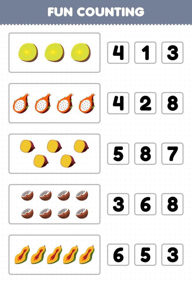 gioco educativo per bambini divertente contare e scegliere il numero corretto di cartone animato frutta e verdura kiwi drago frutta igname cocco papaia foglio di lavoro stampabile vettore