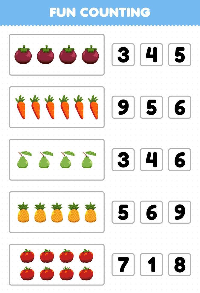 gioco educativo per bambini divertente contare e scegliere il numero corretto di cartoni animati frutta e verdura mangostano carota guava ananas pomodoro foglio di lavoro stampabile vettore