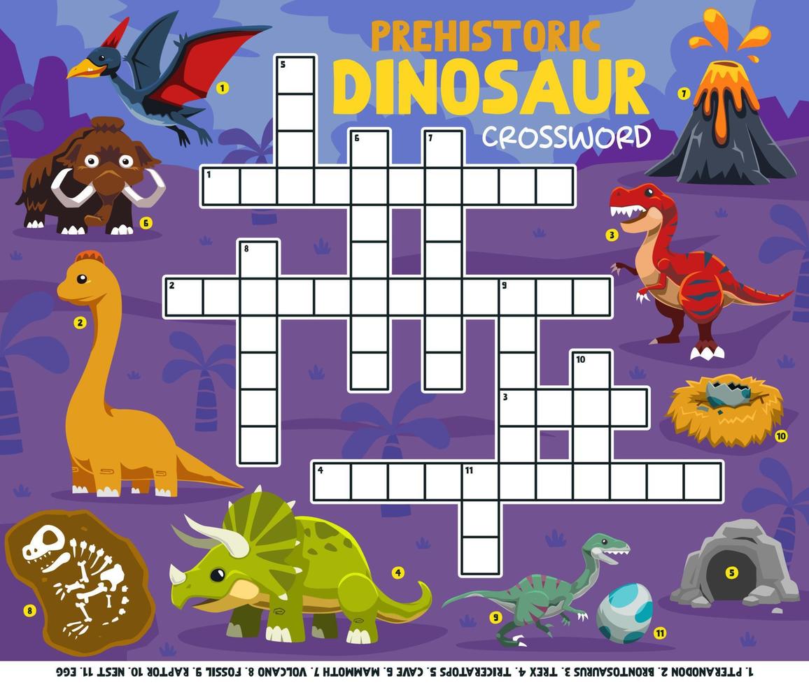 gioco educativo cruciverba per imparare le parole inglesi con un simpatico cartone animato dinosauro preistorico immagine stampabile foglio di lavoro vettore
