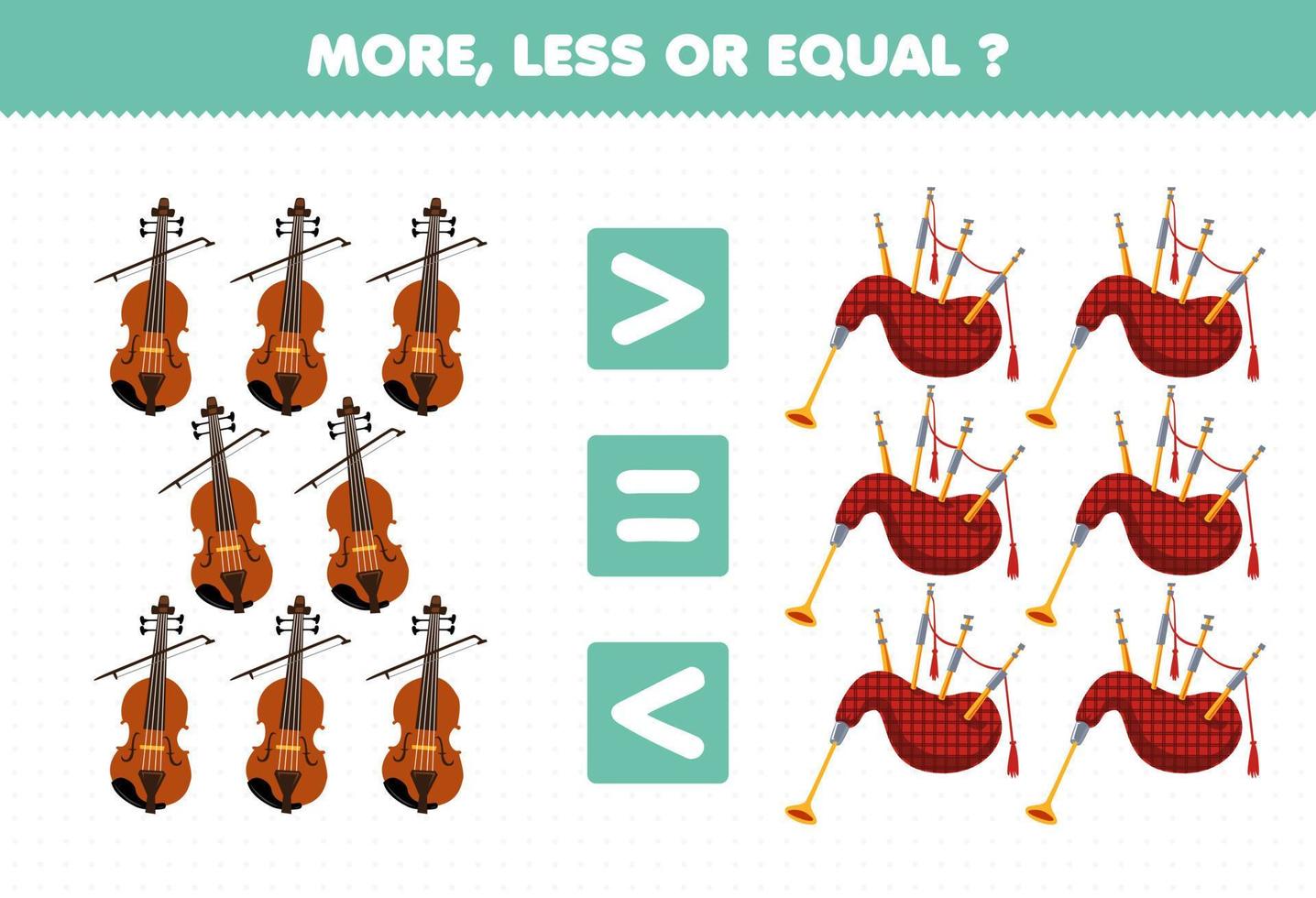 gioco educativo per bambini più o meno uguale conta la quantità di cartone animato strumento musicale violino e cornamusa stampabile foglio di lavoro vettore
